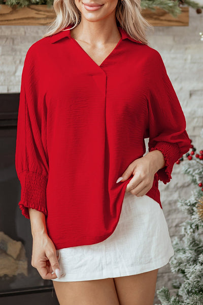 Women's Fiery Red V-Neck Smocked Cuff Blouse with Relaxed Fit