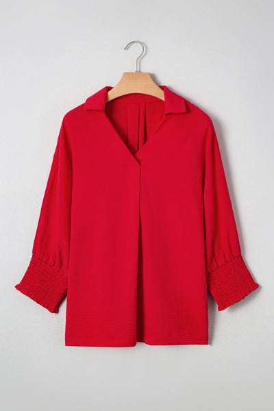 Women's Fiery Red V-Neck Smocked Cuff Blouse with Relaxed Fit