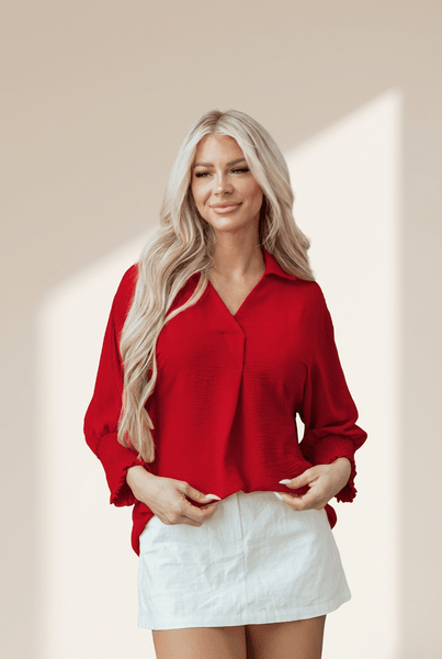 Women's Fiery Red V-Neck Smocked Cuff Blouse with Relaxed Fit