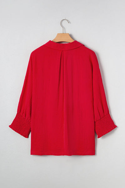 Women's Fiery Red V-Neck Smocked Cuff Blouse with Relaxed Fit
