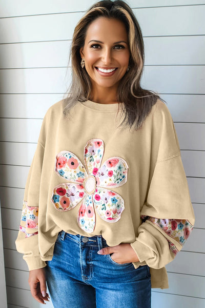 Women's Floral Appliqué Cotton Blend Sweatshirt in Sand Khaki