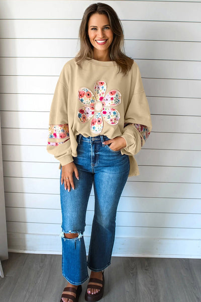 Women's Floral Appliqué Cotton Blend Sweatshirt in Sand Khaki