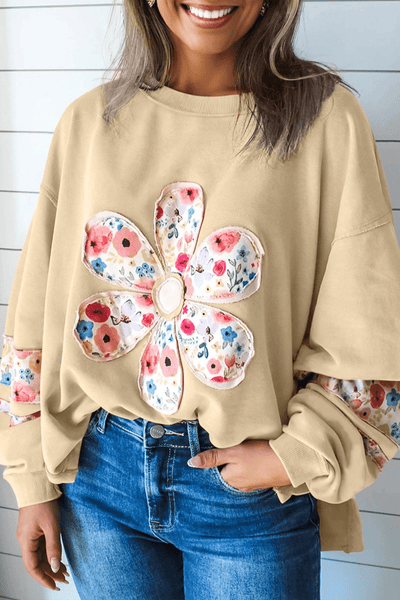 Women's Floral Appliqué Cotton Blend Sweatshirt in Sand Khaki
