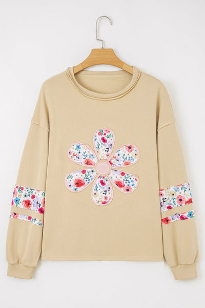 Women's Floral Appliqué Cotton Blend Sweatshirt in Sand Khaki