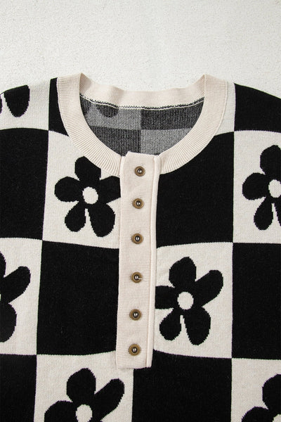Women's Floral Checkerboard Henley Sweater in Soft Viscose Blend