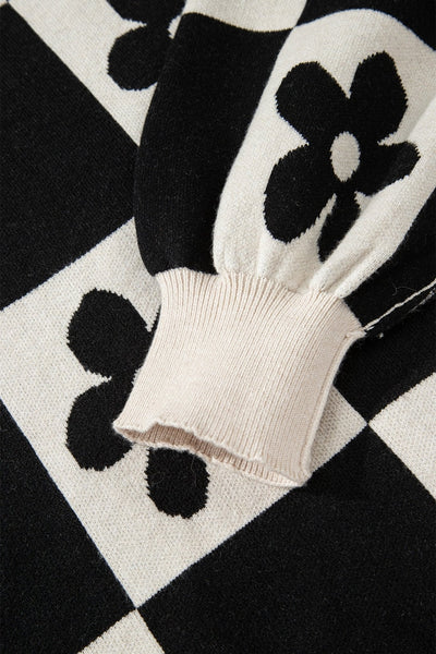 Women's Floral Checkerboard Henley Sweater in Soft Viscose Blend