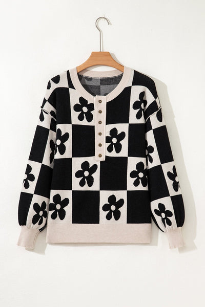 Women's Floral Checkerboard Henley Sweater in Soft Viscose Blend