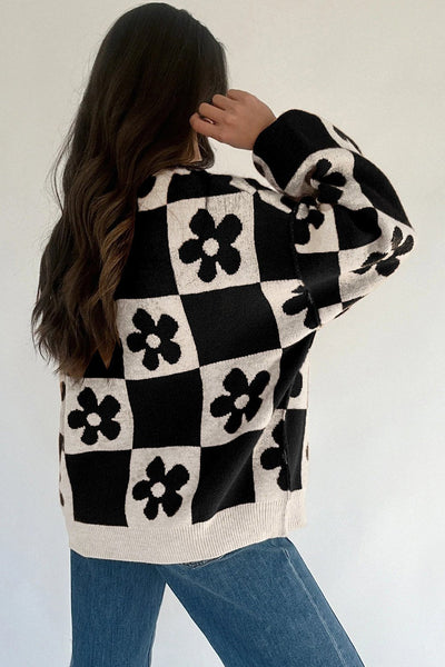 Women's Floral Checkerboard Henley Sweater in Soft Viscose Blend