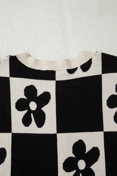 Women's Floral Checkerboard Henley Sweater in Soft Viscose Blend