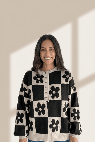 Women's Floral Checkerboard Henley Sweater in Soft Viscose Blend