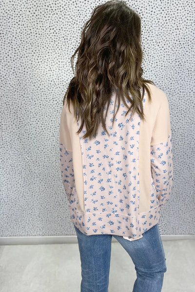 Women's Floral Color Block Waffle Knit Balloon Sleeve Top