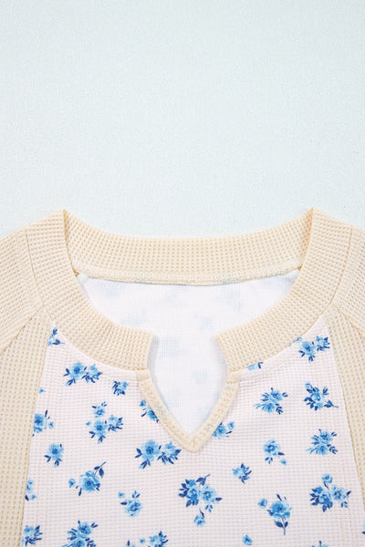 Women's Floral Color Block Waffle Knit Balloon Sleeve Top