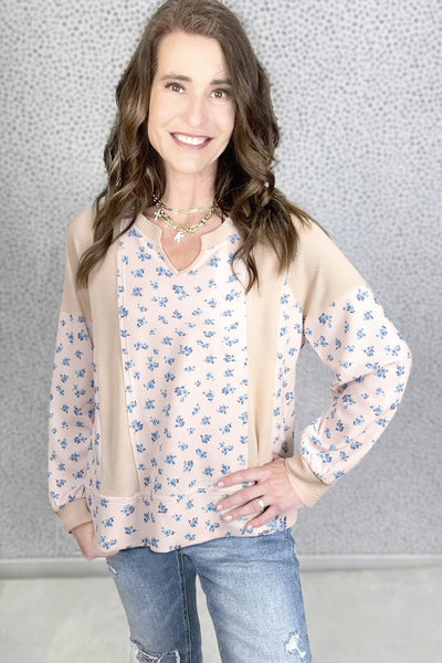 Women's Floral Color Block Waffle Knit Balloon Sleeve Top