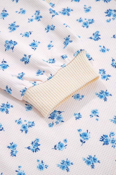 Women's Floral Color Block Waffle Knit Balloon Sleeve Top