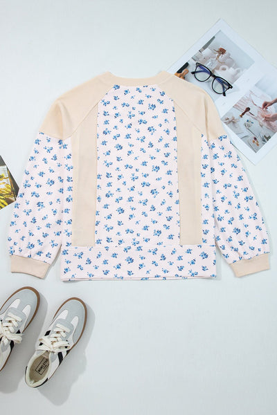 Women's Floral Color Block Waffle Knit Balloon Sleeve Top