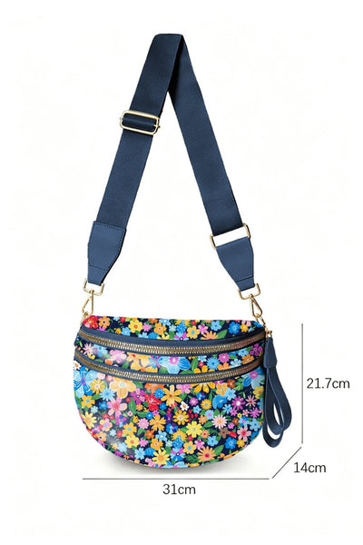 Women's Floral Crescent Crossbody Bag: Navy Botanical Sling Bag