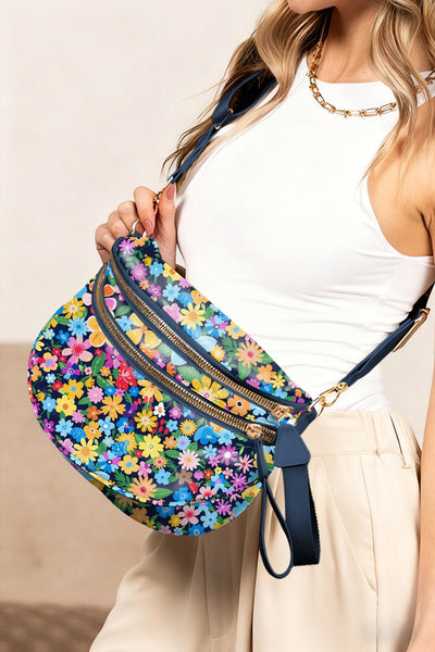 Women's Floral Crescent Crossbody Bag: Navy Botanical Sling Bag