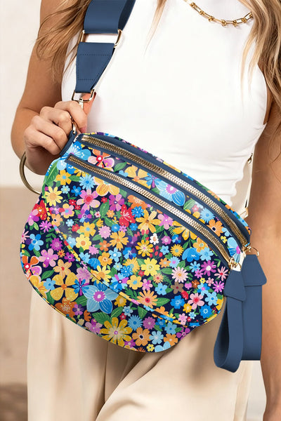 Women's Floral Crescent Crossbody Bag: Navy Botanical Sling Bag