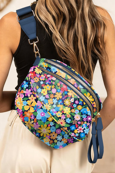 Women's Floral Crescent Crossbody Bag: Navy Botanical Sling Bag