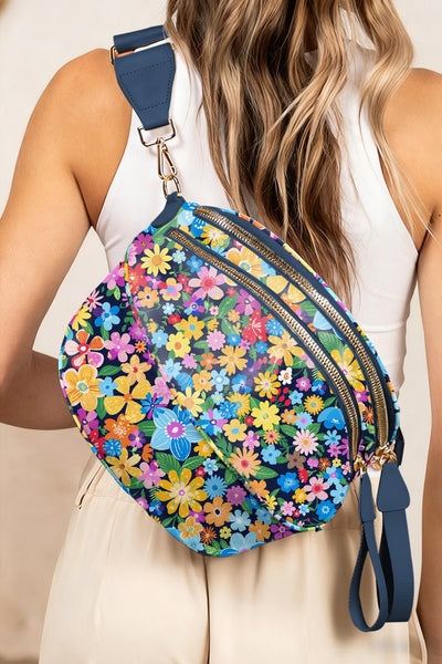 Women's Floral Crescent Crossbody Bag: Navy Botanical Sling Bag