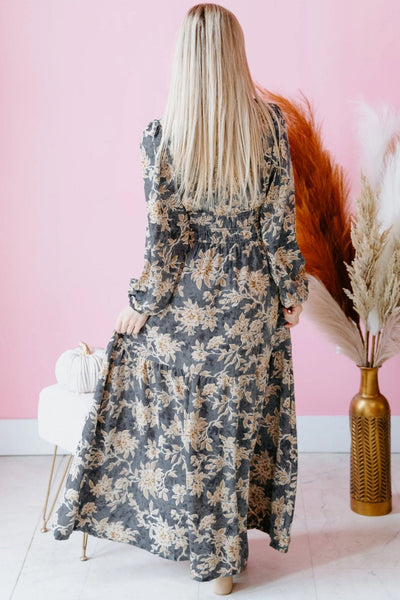Women's Floral High-Waist Maxi Dress with Shirred Bodice