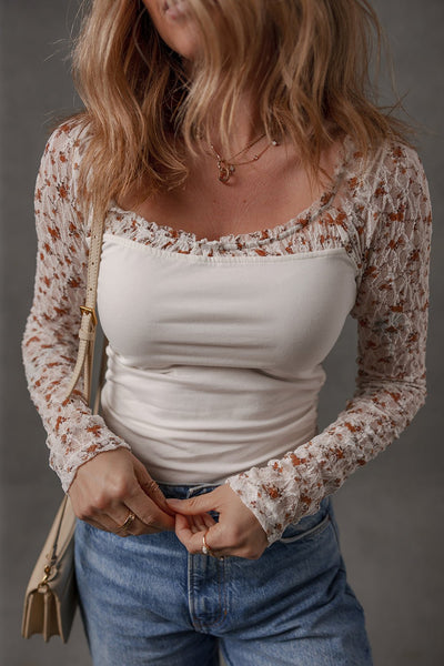Women's Floral Lace Sleeve Patchwork Blouse with Square Neckline
