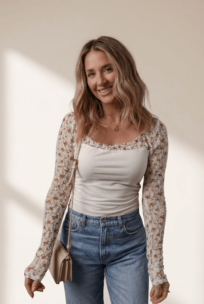 Women's Floral Lace Sleeve Patchwork Blouse with Square Neckline