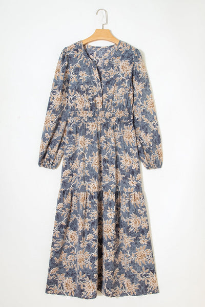 Women's Floral Long Sleeve Maxi Dress with Smocked Waist