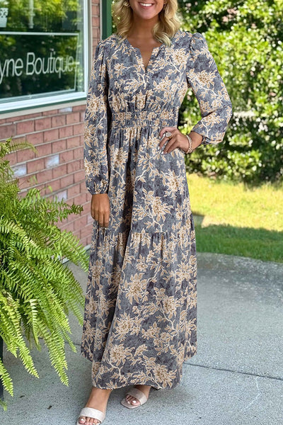 Women's Floral Long Sleeve Maxi Dress with Smocked Waist