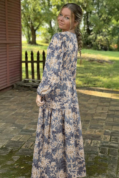 Women's Floral Long Sleeve Maxi Dress with Smocked Waist