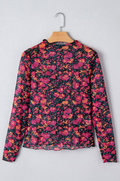 Women's Floral Mesh Mock Neck Long Sleeve Blouse in Midnight Garden