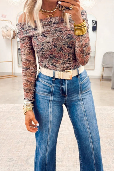 Women's Floral Mesh Off-Shoulder Foldover Top in Black Rose