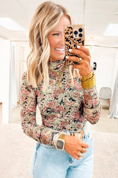 Women's Floral Mock Neck Mesh Blouse: Long Sleeve Slim Fit Top