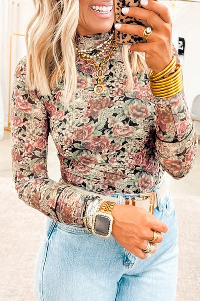 Women's Floral Mock Neck Mesh Blouse: Long Sleeve Slim Fit Top