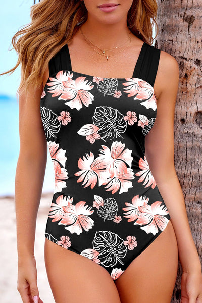 Women's Floral Ruched Square Neck One-Piece Swimsuit