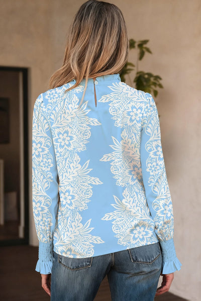 Women's Floral Ruffle Collar Blouse in Sky Blue