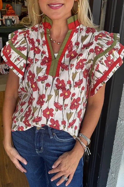 Women's Floral Ruffle Sleeve Cotton Blouse with Contrast Trim