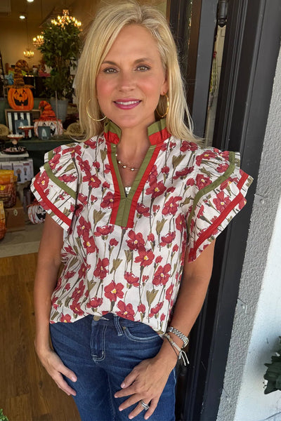 Women's Floral Ruffle Sleeve Cotton Blouse with Contrast Trim