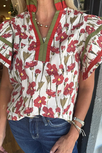 Women's Floral Ruffle Sleeve Cotton Blouse with Contrast Trim