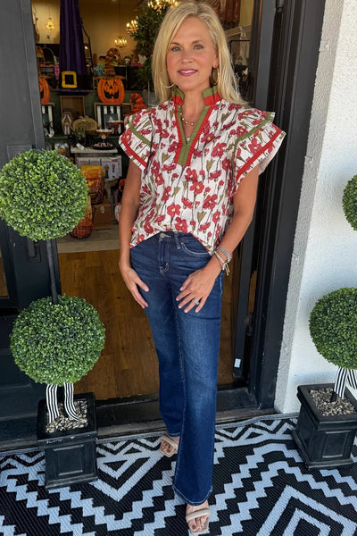 Women's Floral Ruffle Sleeve Cotton Blouse with Contrast Trim