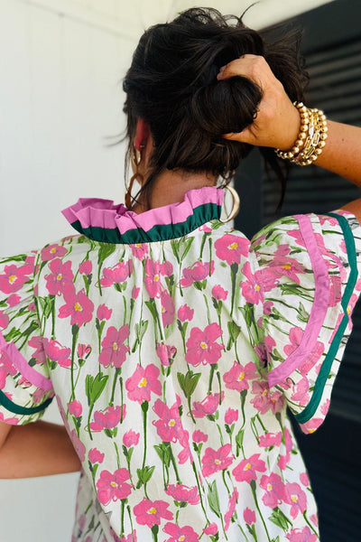 Women's Floral Ruffle Sleeve Cotton Blouse with Contrast V-Neck