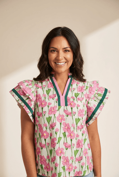 Women's Floral Ruffle Sleeve Cotton Blouse with Contrast V-Neck