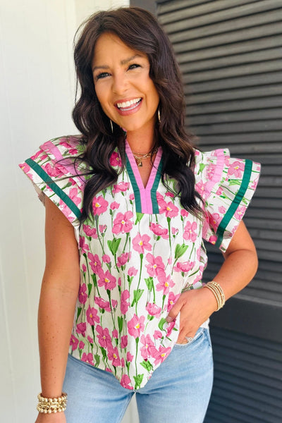 Women's Floral Ruffle Sleeve Cotton Blouse with Contrast V-Neck