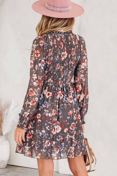 Women's Floral Smocked Bodice Mini Dress with Long Sheer Sleeves