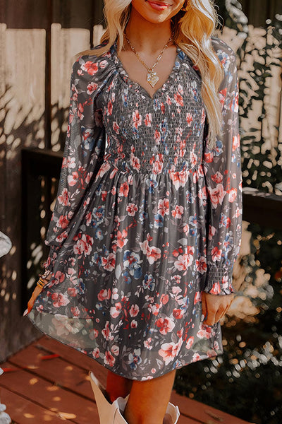 Women's Floral Smocked Bodice Mini Dress with Long Sheer Sleeves