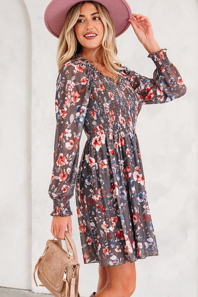 Women's Floral Smocked Bodice Mini Dress with Long Sheer Sleeves
