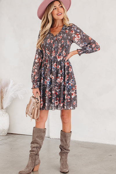Women's Floral Smocked Bodice Mini Dress with Long Sheer Sleeves