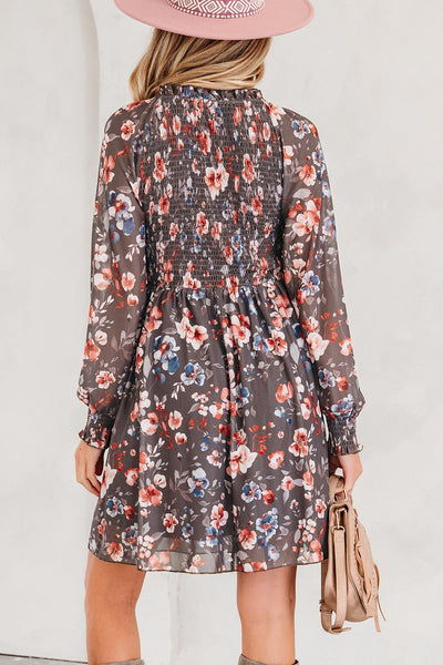 Women's Floral Smocked Bodice Mini Dress with Long Sheer Sleeves