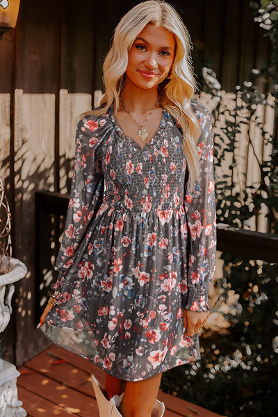 Women's Floral Smocked Bodice Mini Dress with Long Sheer Sleeves