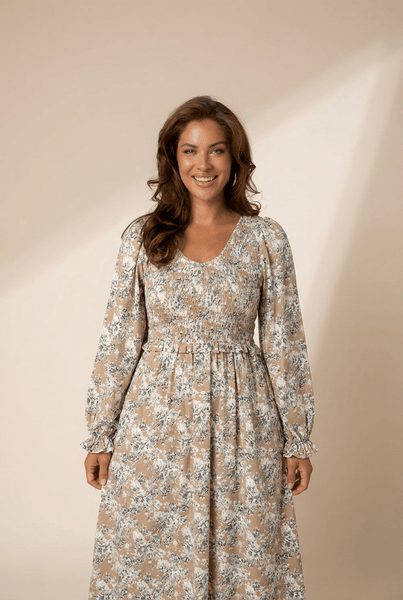 Women's Floral Smocked Midi Dress with Puff Sleeves in Khaki